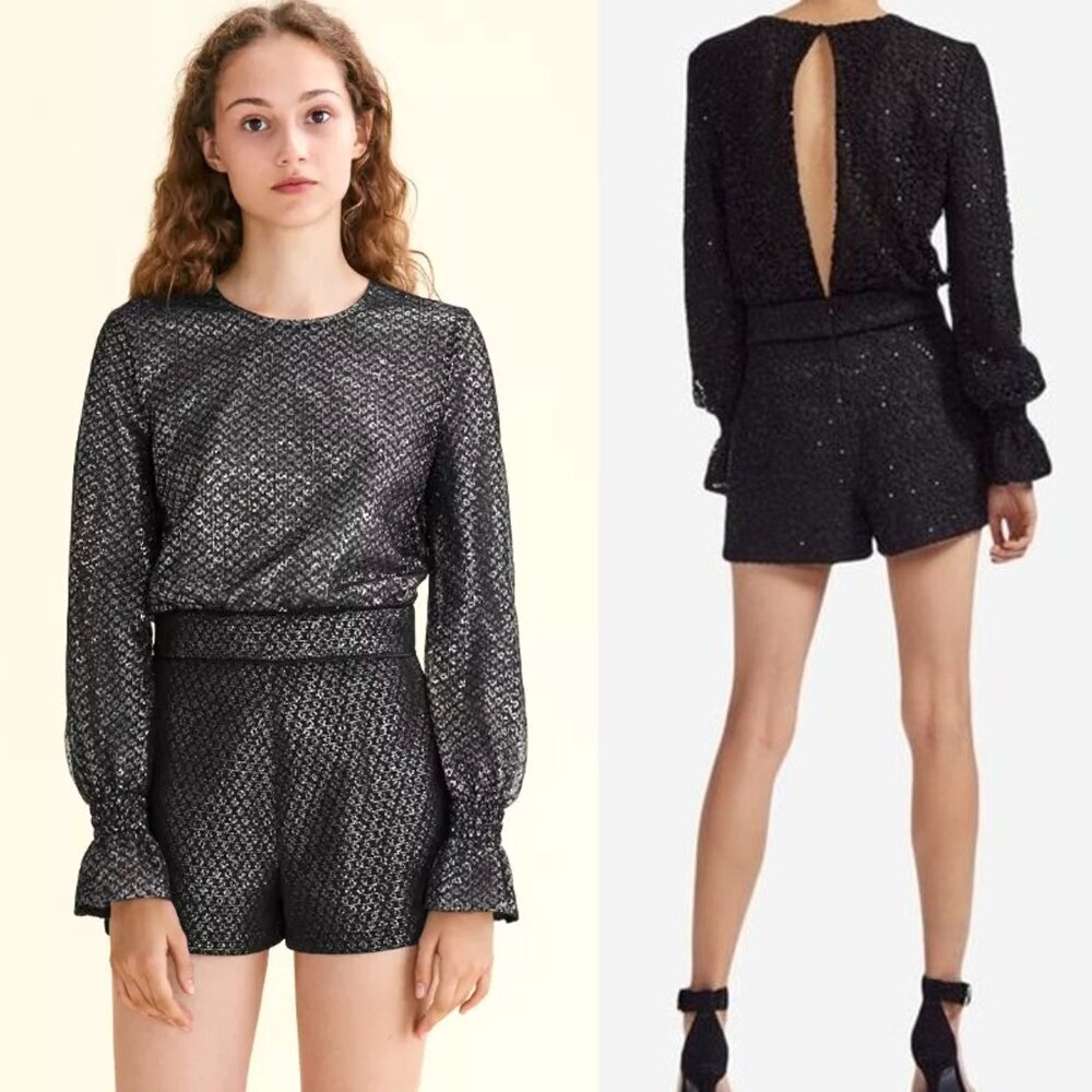 NWT New $395 Maje Black Silver Long Sleeve Iana Combishort Romper Size 36 US S